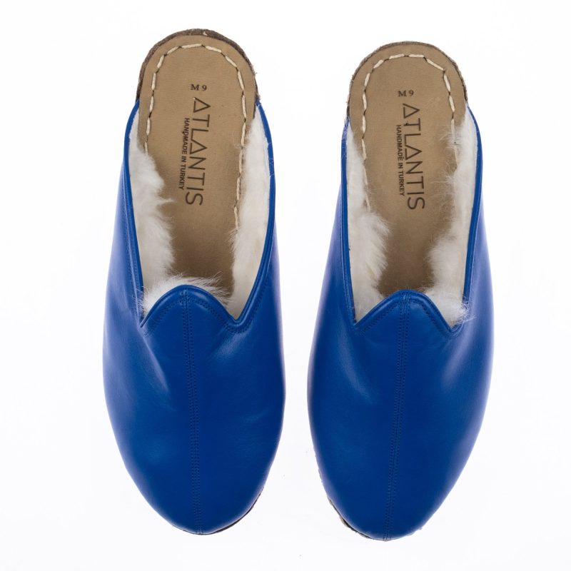 atlantis handmade shoes blue slippers with shearling for men