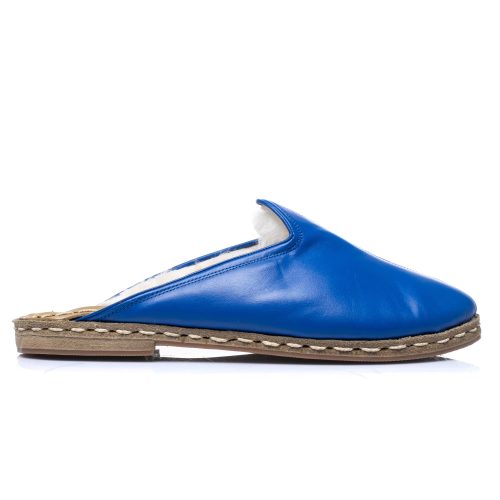 atlantis handmade shoes blue slippers with shearling unisex